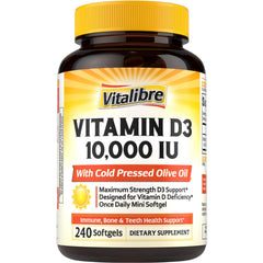 Vitalibre D3 softgel bottle highlights high-potency vitamin D with olive oil for absorption