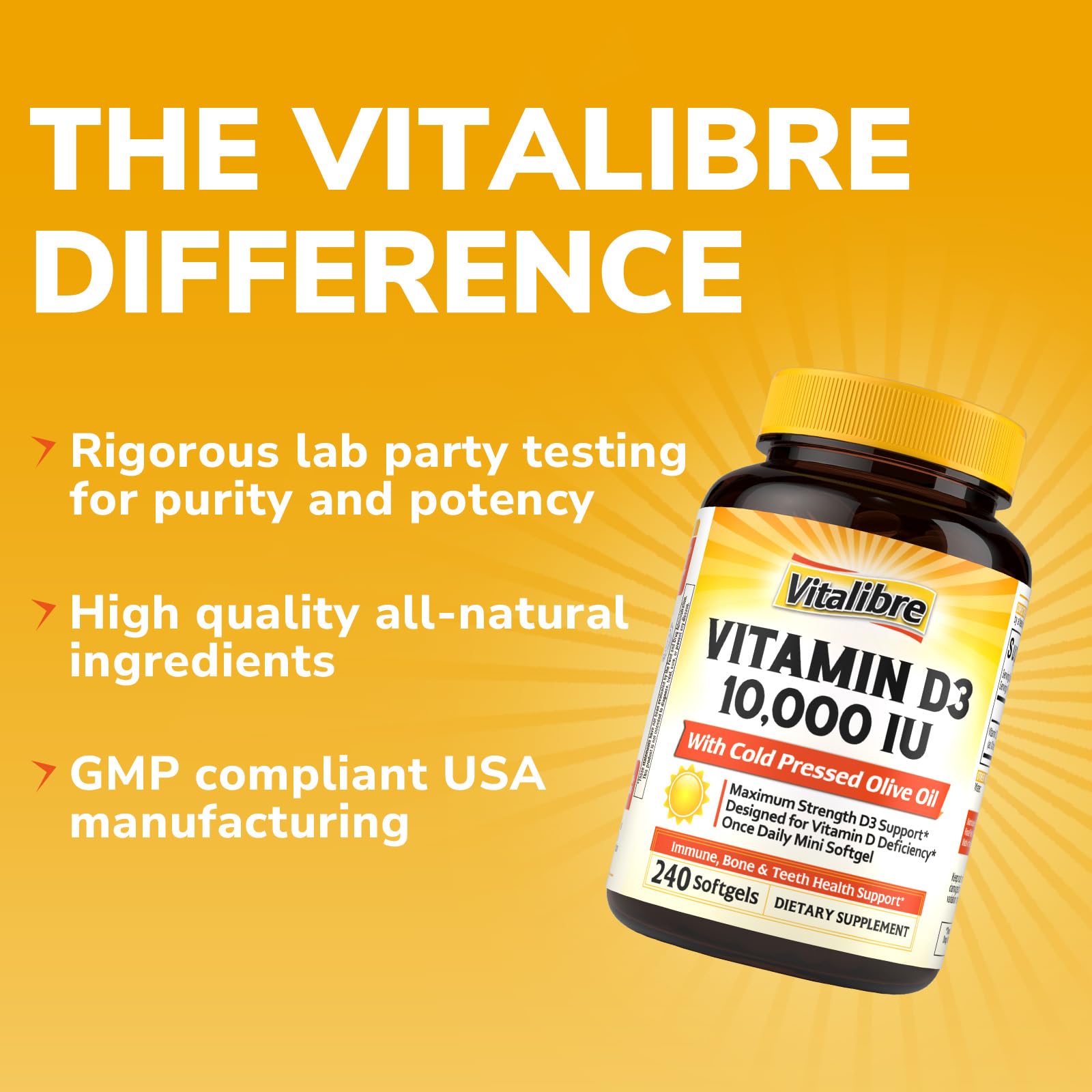 Vitalibre D3 softgel close-up shows small, easy-to-swallow capsules