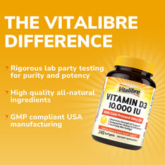 Vitalibre D3 softgel close-up shows small, easy-to-swallow capsules