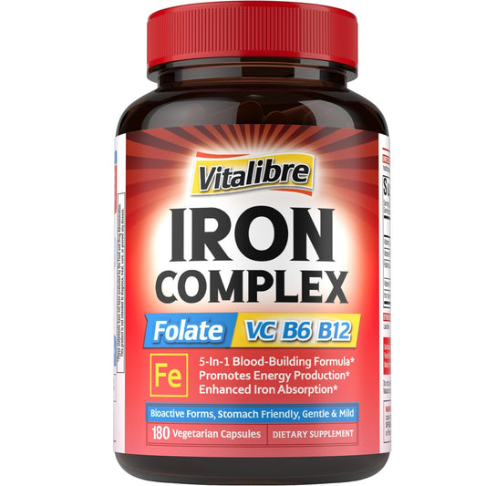 Vitalibre Iron Complex bottle front view highlighting vegan formula for energy support
