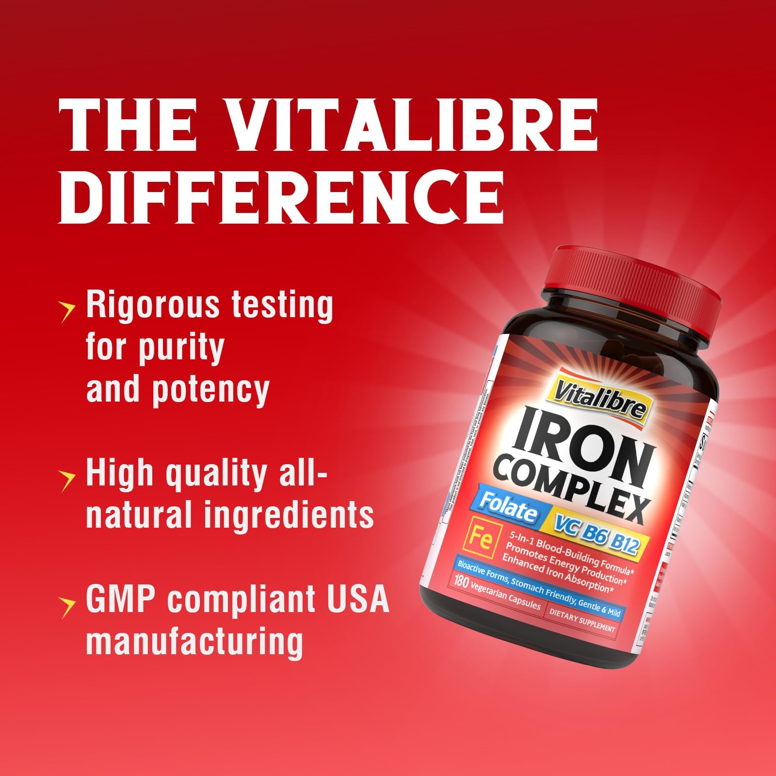Vitalibre Iron Complex box indicates Made in USA and GMP quality