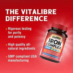 Vitalibre Iron Complex box indicates Made in USA and GMP quality