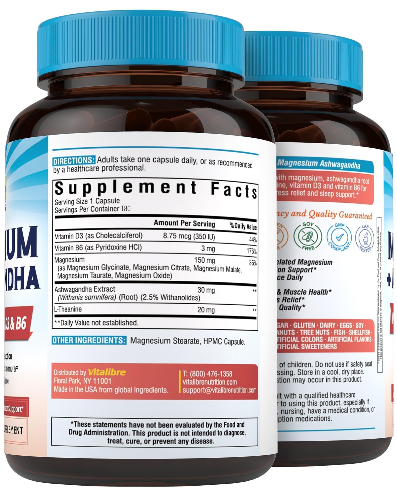 GMP-certified Vitalibre lab testing label on magnesium supplement.
