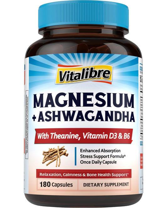 Vitalibre Magnesium Complex bottle with Ashwagandha and L-Theanine promotes calm focus.