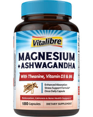 Vitalibre Magnesium Complex bottle with Ashwagandha and L-Theanine promotes calm focus.