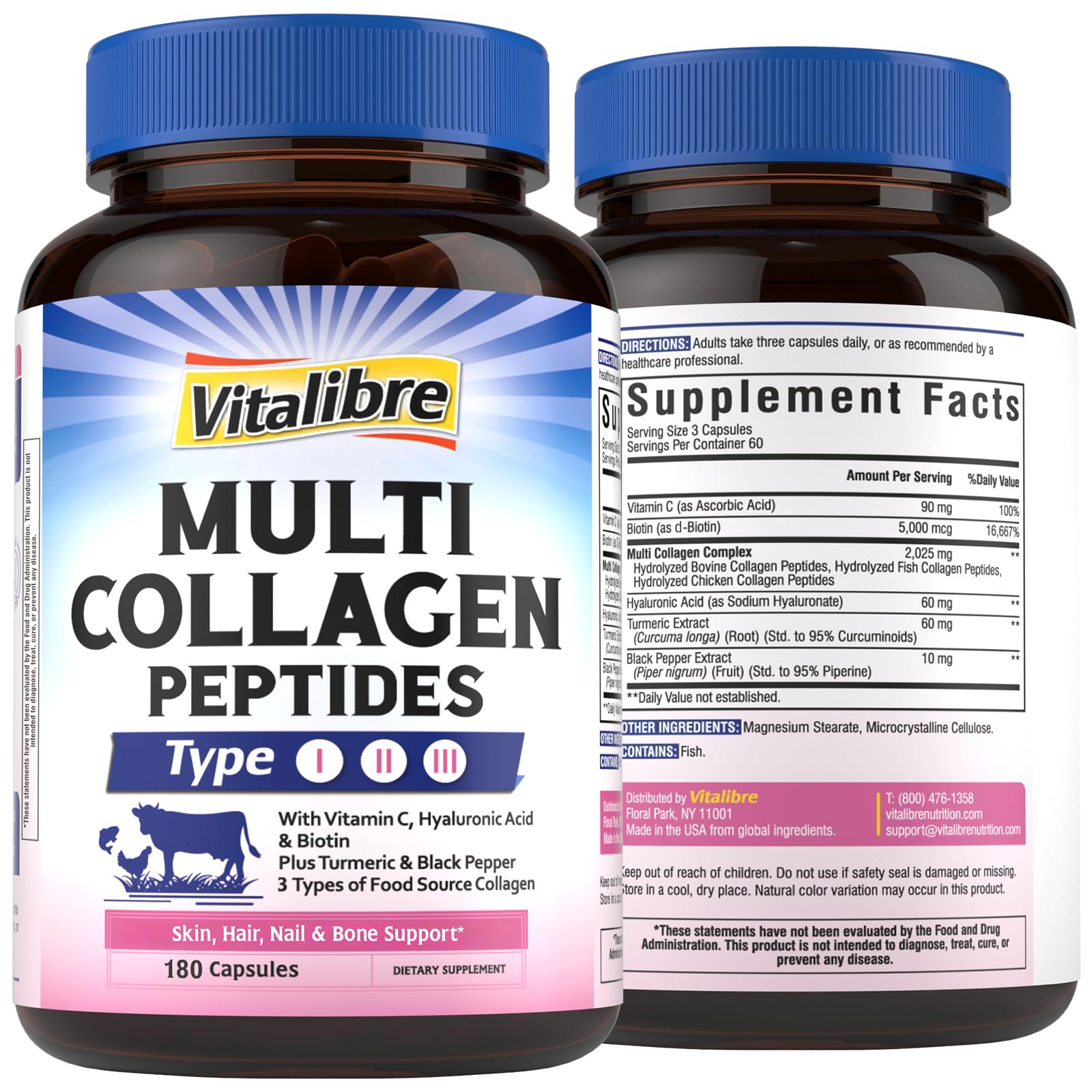 Vitalibre multi-collagen bottle demonstrating daily skin and joint support with capsules.