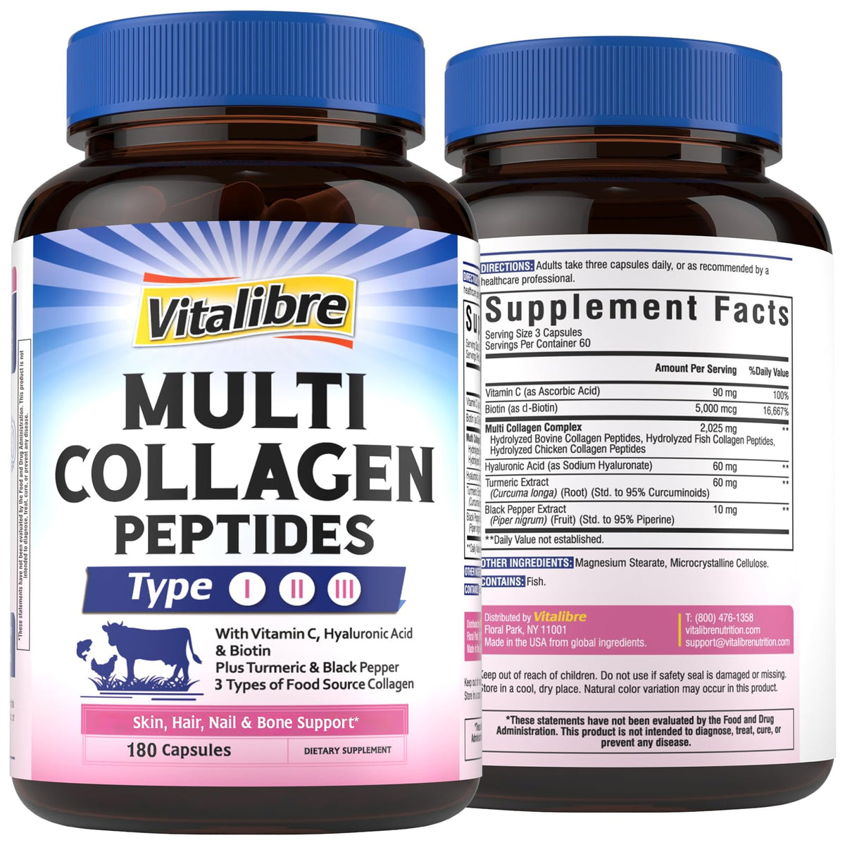 Vitalibre multi-collagen bottle demonstrating daily skin and joint support with capsules.
