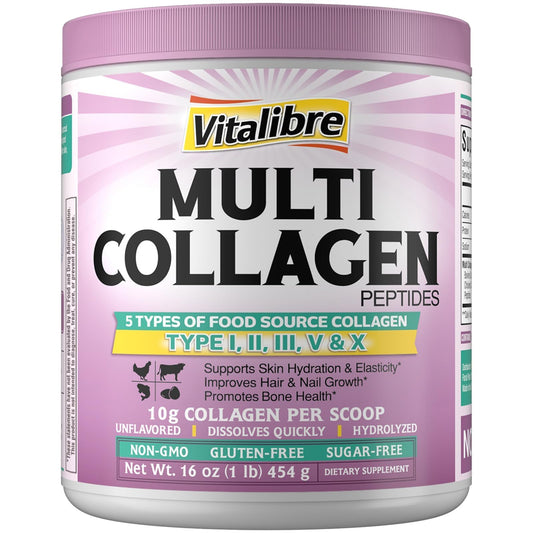 Vitalibre Multi Collagen Peptides bottle pour shows easy daily dosage for skin and hair support
