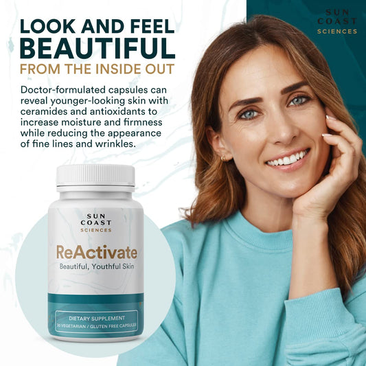 Vitalifi ReActivate capsules close-up highlighting daily skin-support formula