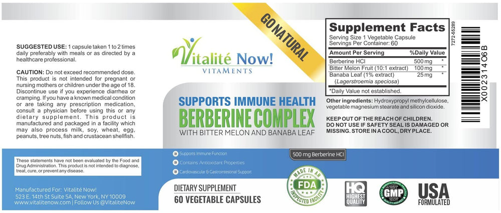 Vitalité Now Berberine bottle on countertop suggests an everyday wellness ritual.