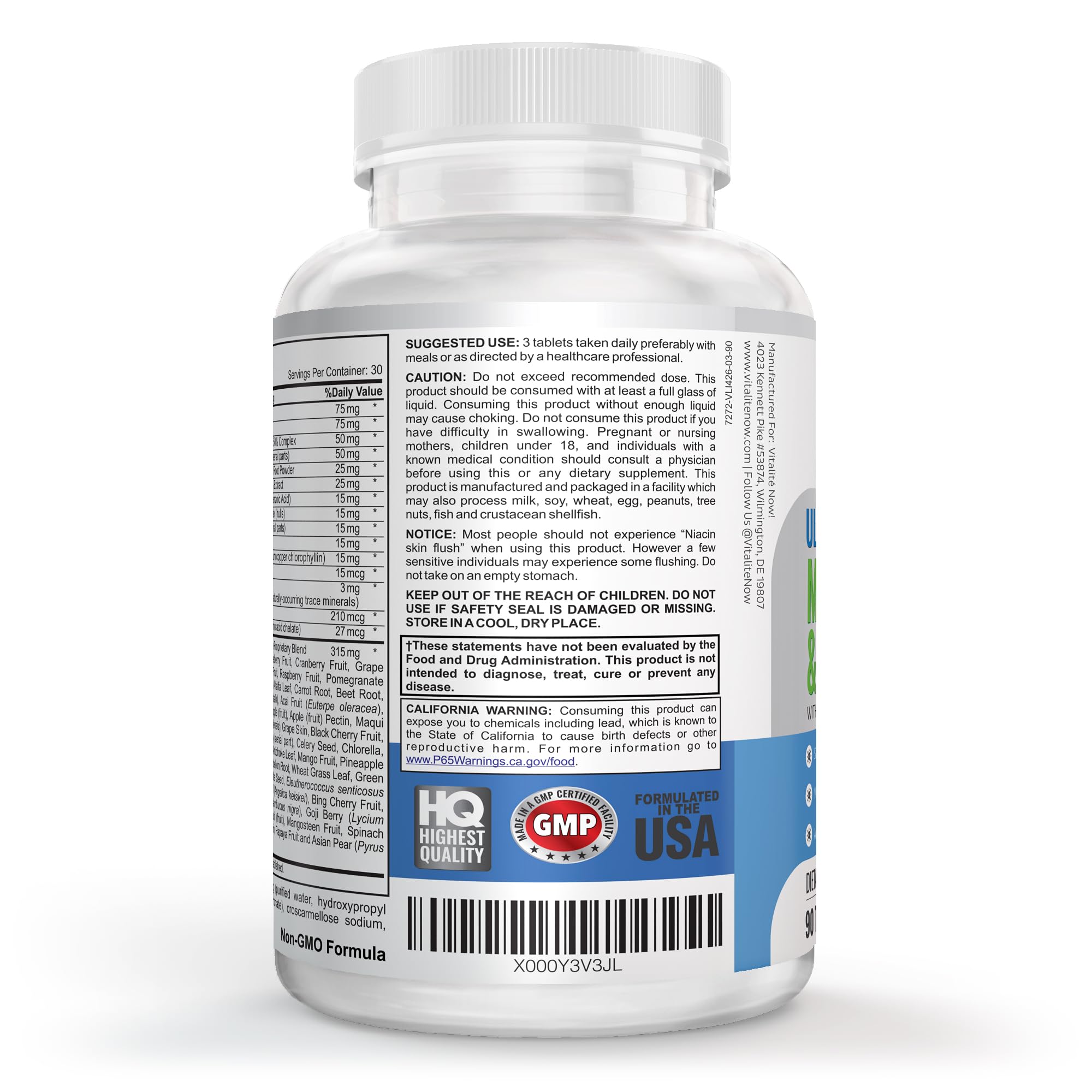 Vitalité Now bottle open capsules show convenient daily vitamins.