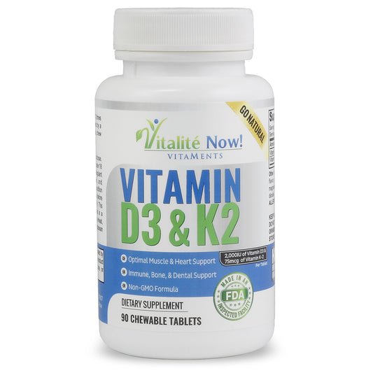 Vitalité Now D3K2 tablets close-up highlighting immune and bone support