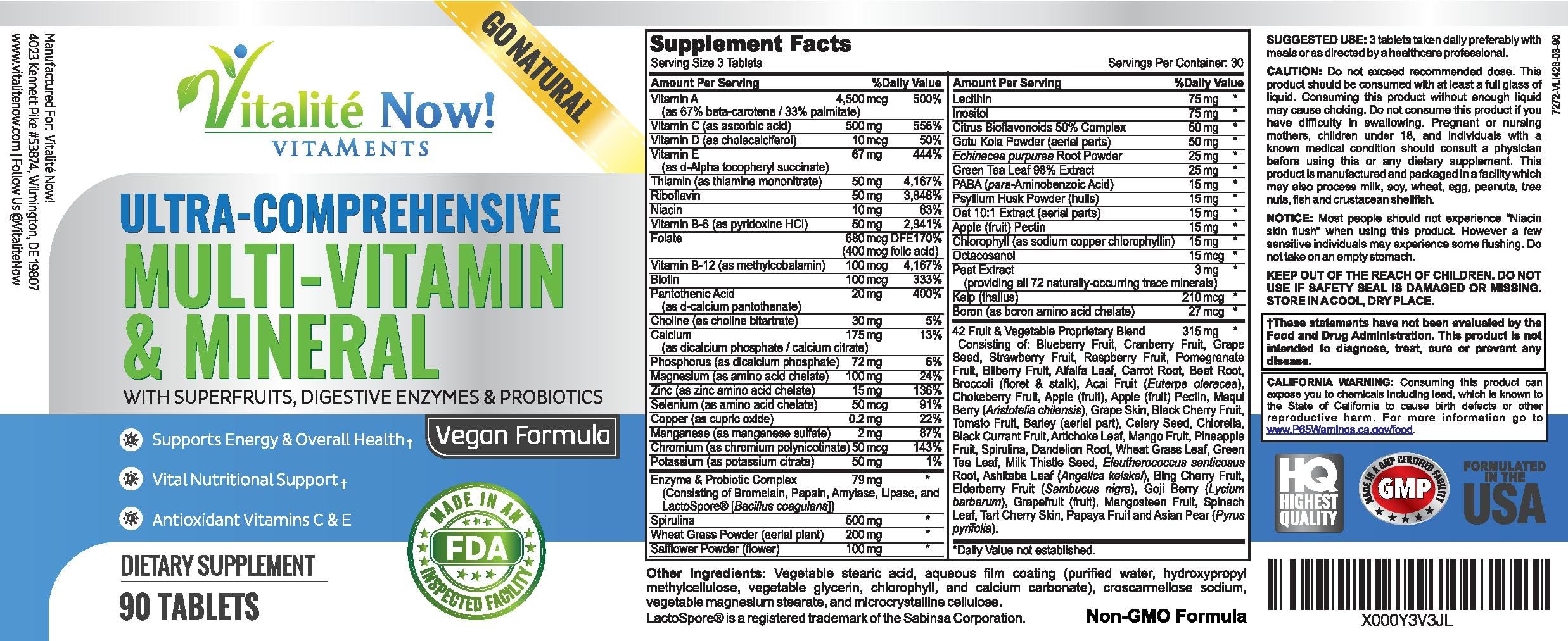 Vitalité Now immune-support ingredients highlight digestive enzymes and probiotics.