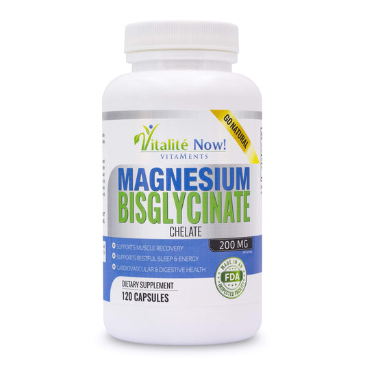 Vitalité Now Magnesium Bisglycinate 200mg bottle for high-absorption daily support.