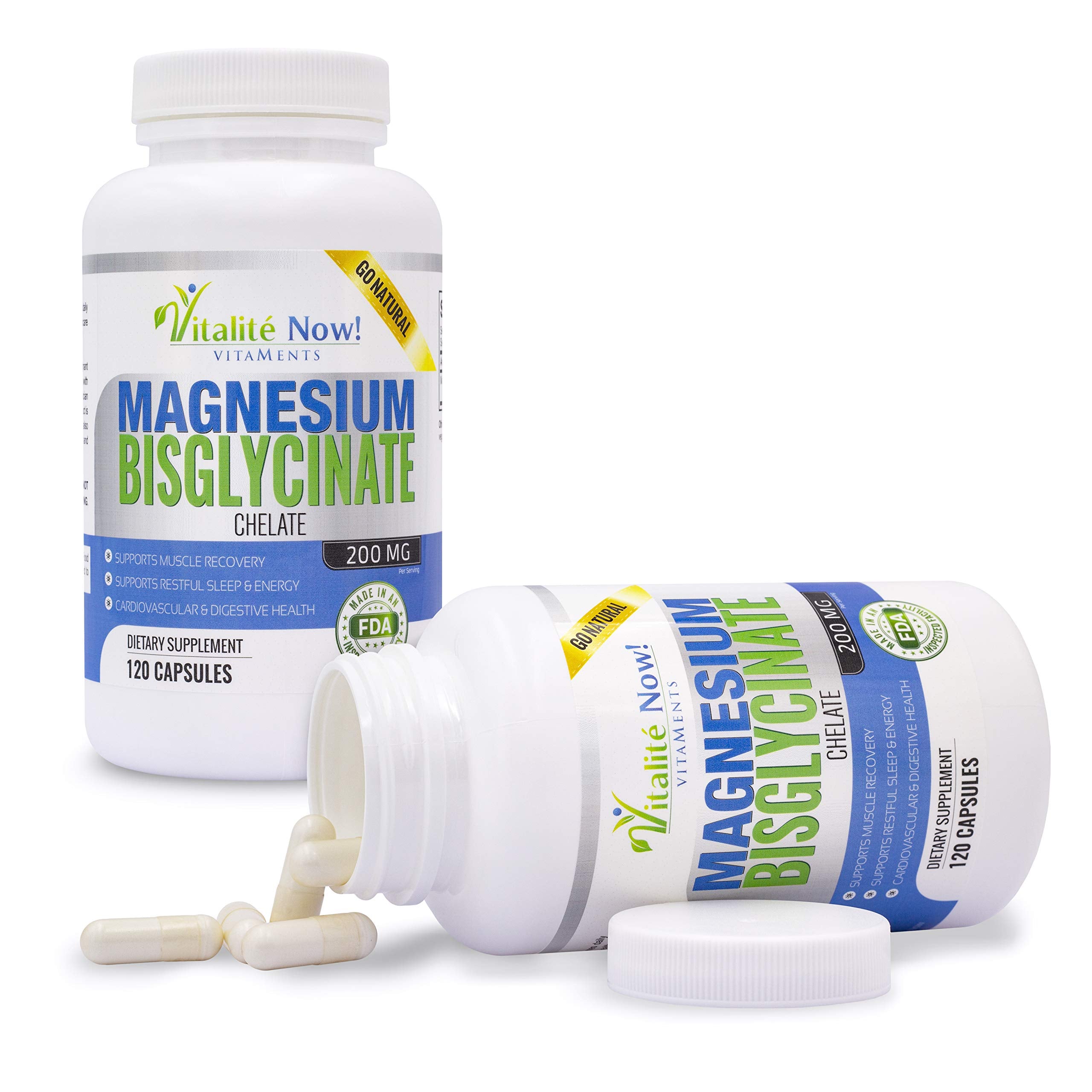 Vitalité Now magnesium bisglycinate capsules close-up highlighting gentle formula.