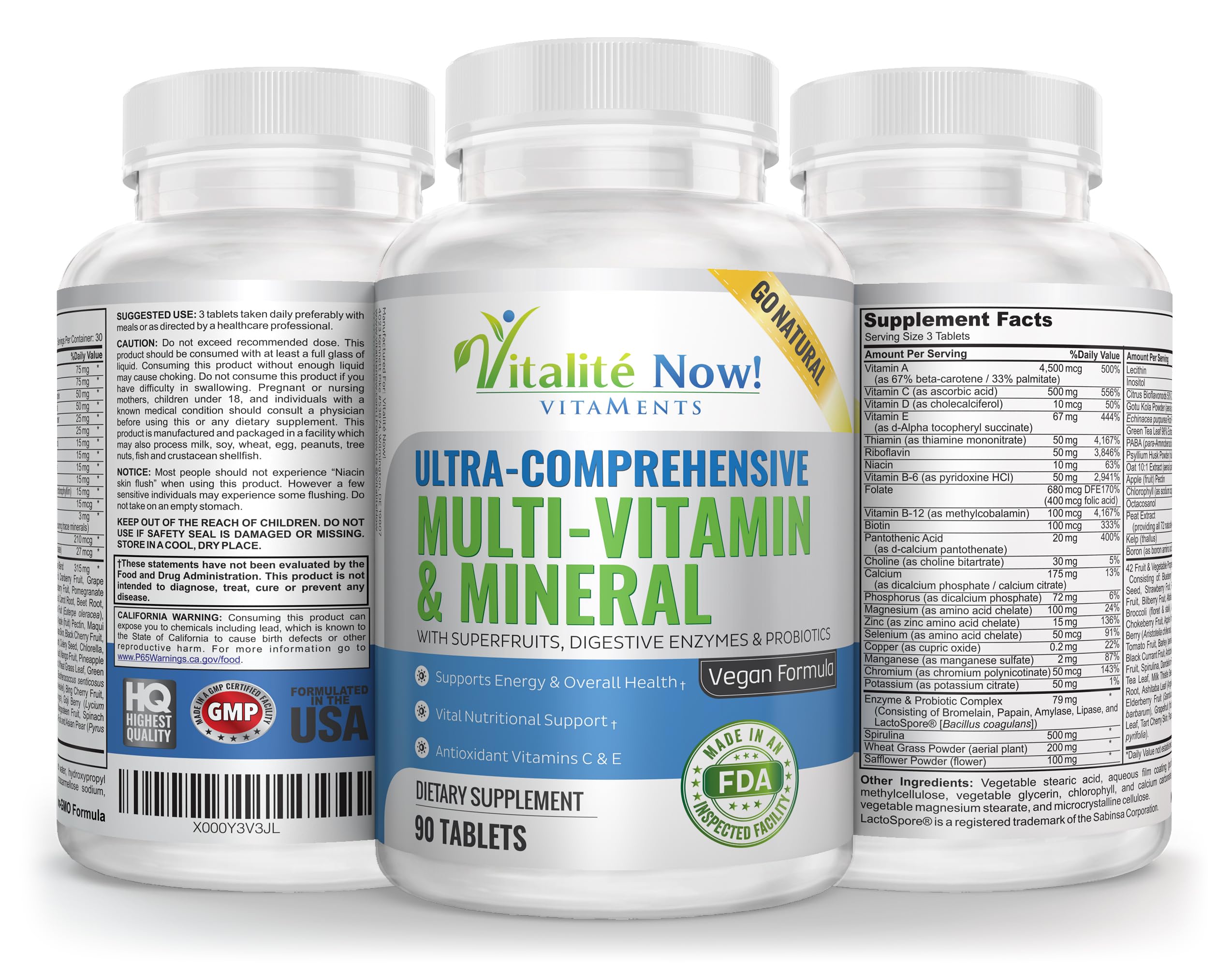 Vitalité Now multivitamin label closeup highlights non-GMO quality and nutrient richness.