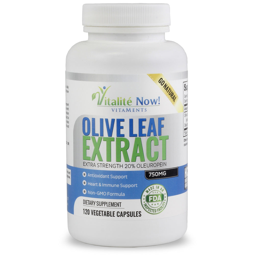 Vitalité Now olive leaf extract bottle front showing premium packaging and label.