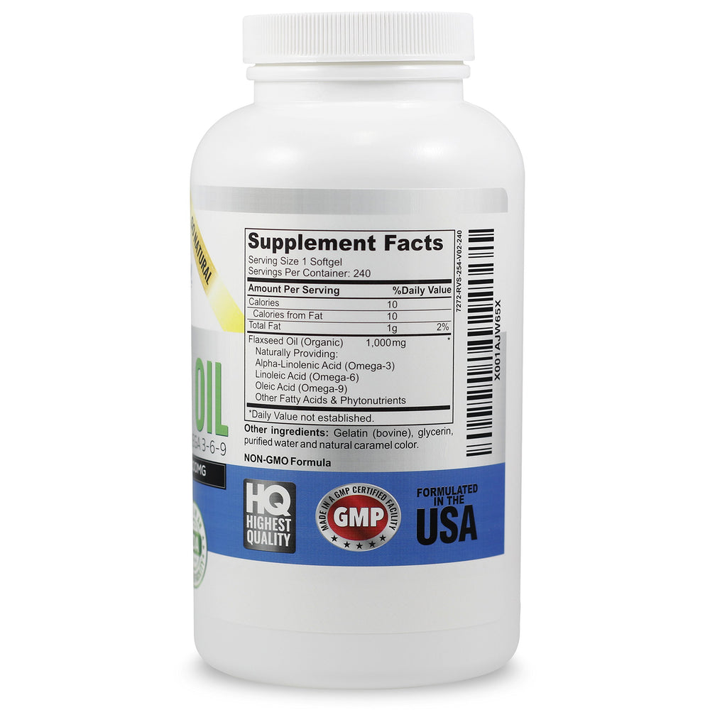 Vitalité Now organic flaxseed label emphasizing non-GMO ingredients and virgin cold pressed quality
