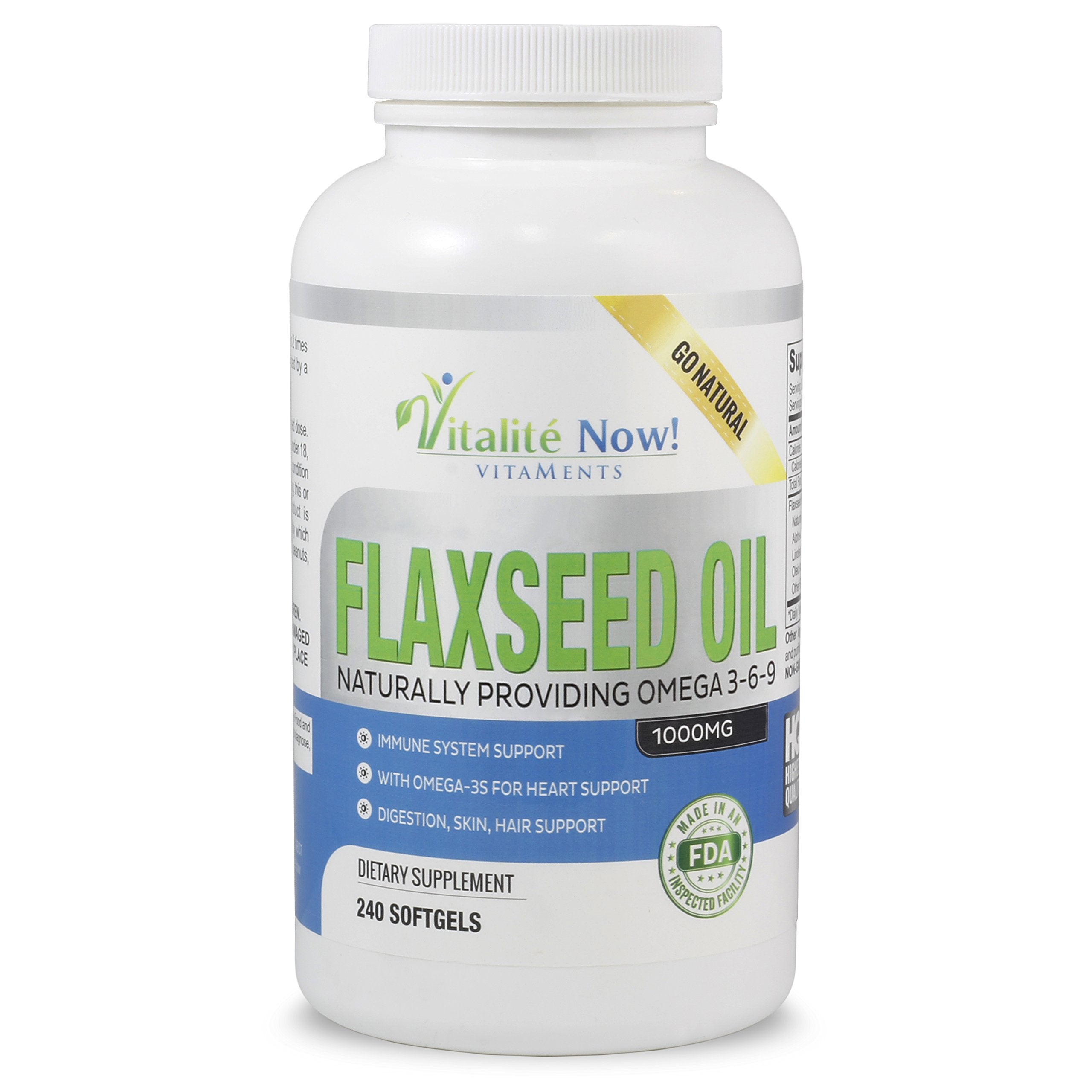 Vitalité Now upsized flaxseed oil softgels bottle front promoting daily omega-3 support