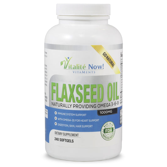 Vitalité Now upsized flaxseed oil softgels bottle front promoting daily omega-3 support