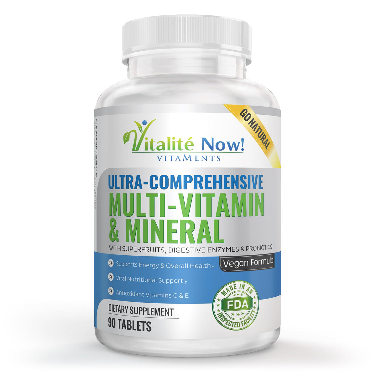 Vitalité Now vegan multivitamin bottle showcases daily energy and immune support benefits.