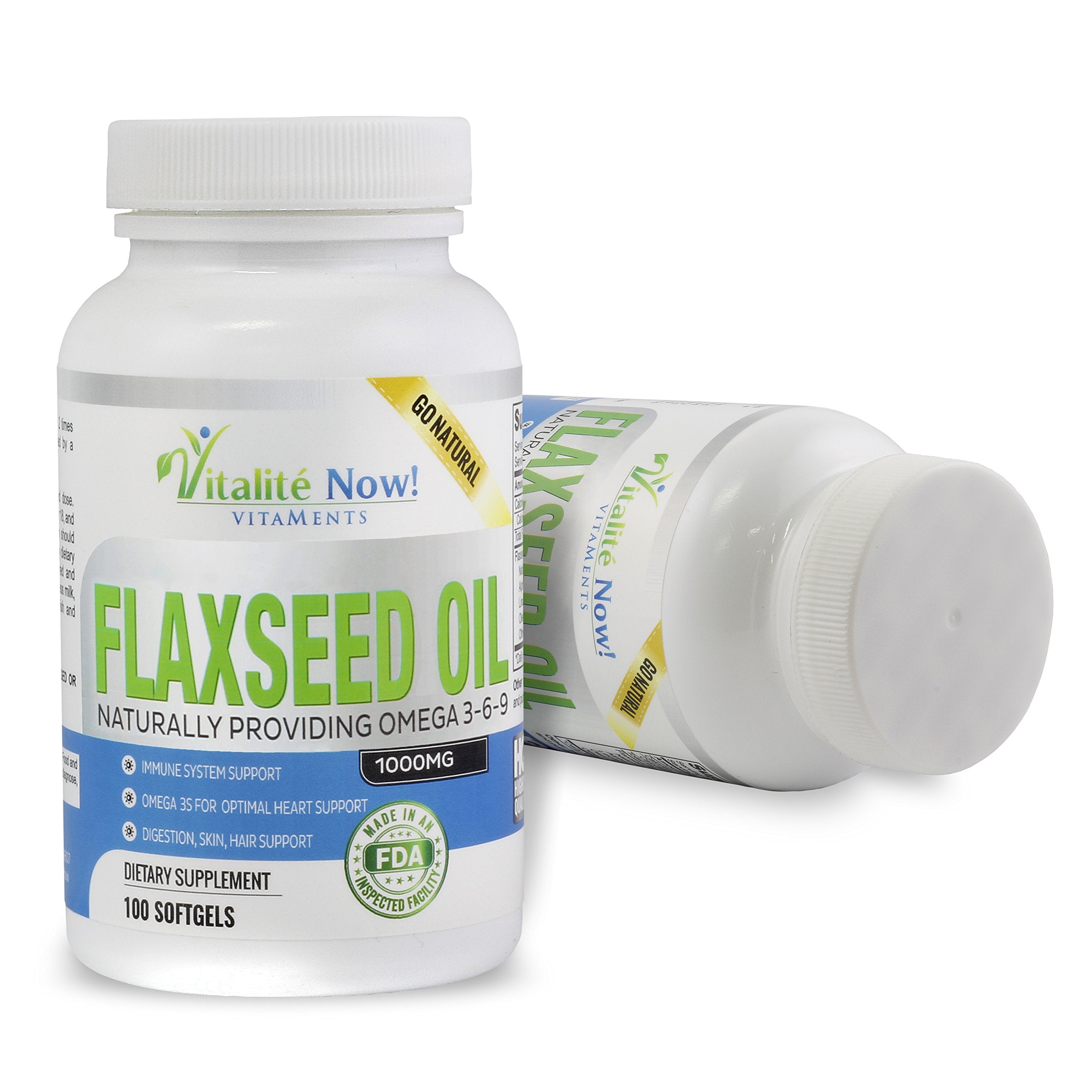 Vitalité Now virgin cold-pressed flaxseed oil softgels closeup promoting digestion.