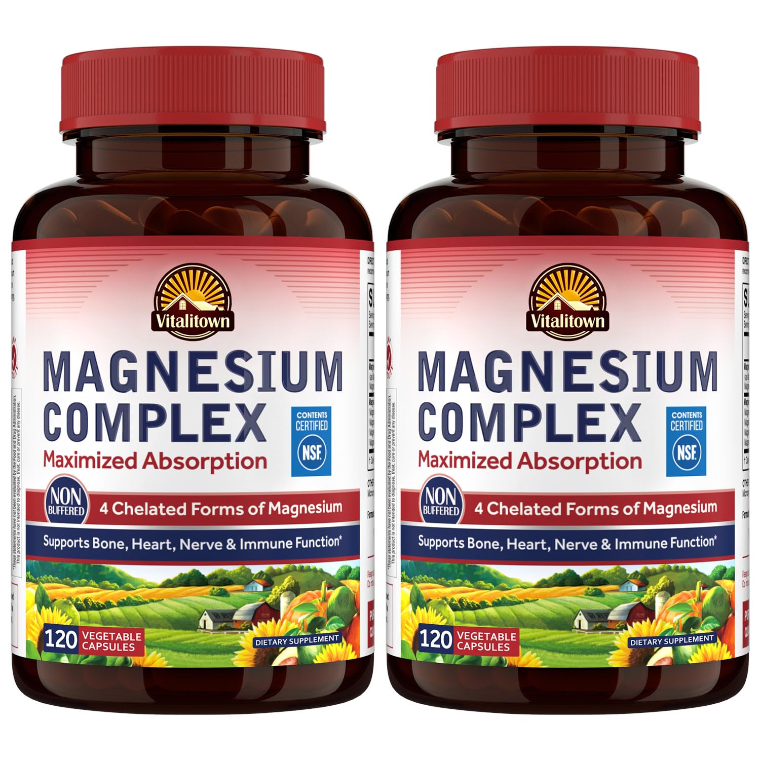 Vitalitown Magnesium Complex bottle front highlighting four chelated forms for absorption
