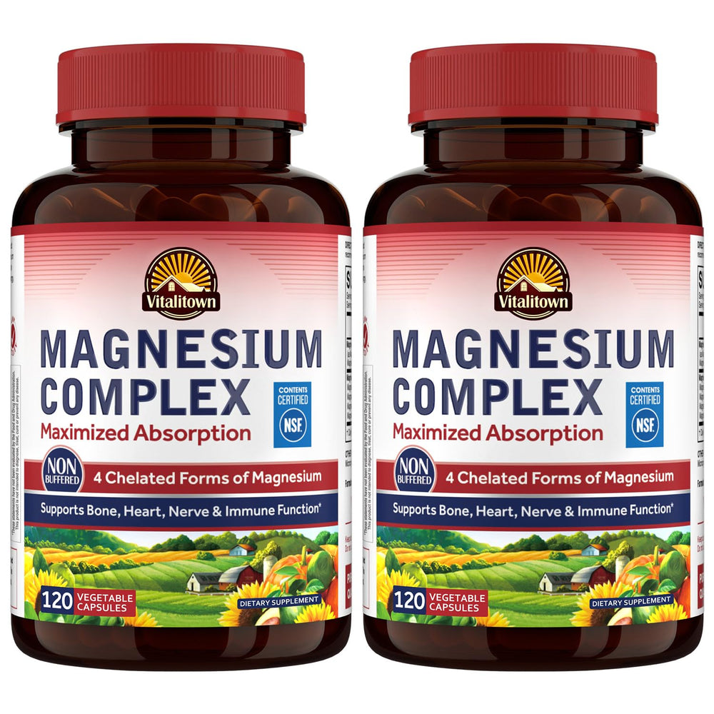 Vitalitown Magnesium Complex bottle front highlighting four chelated forms for absorption