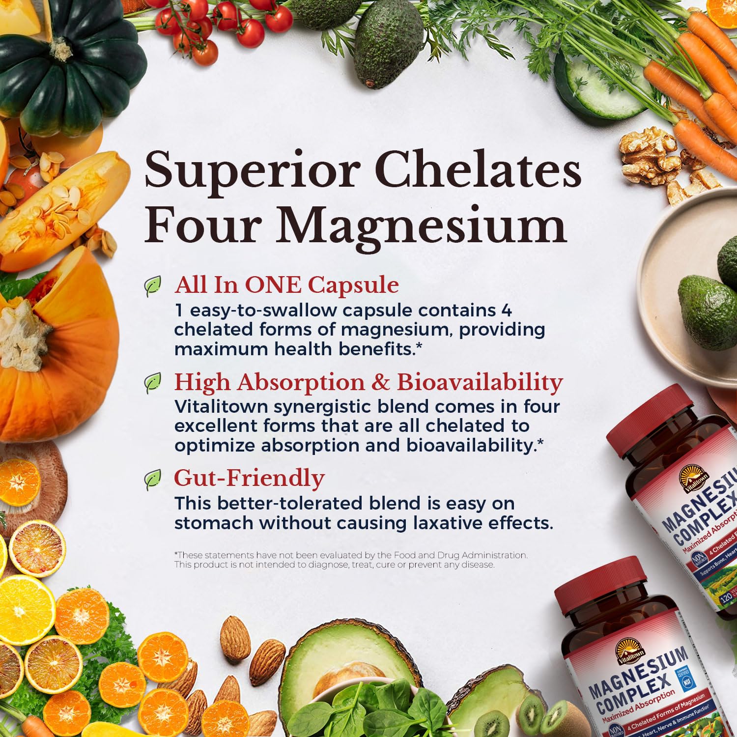 Vitalitown Magnesium Complex ingredients panel with four chelated forms