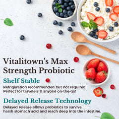 Vitalitown Probiotics delayed-release technology demonstrates stomach-safe delivery.