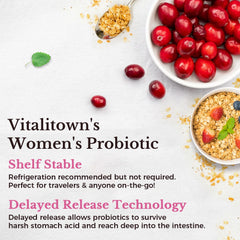 Vitalitown vegan symbol on packaging indicating plant-based probiotic option.
