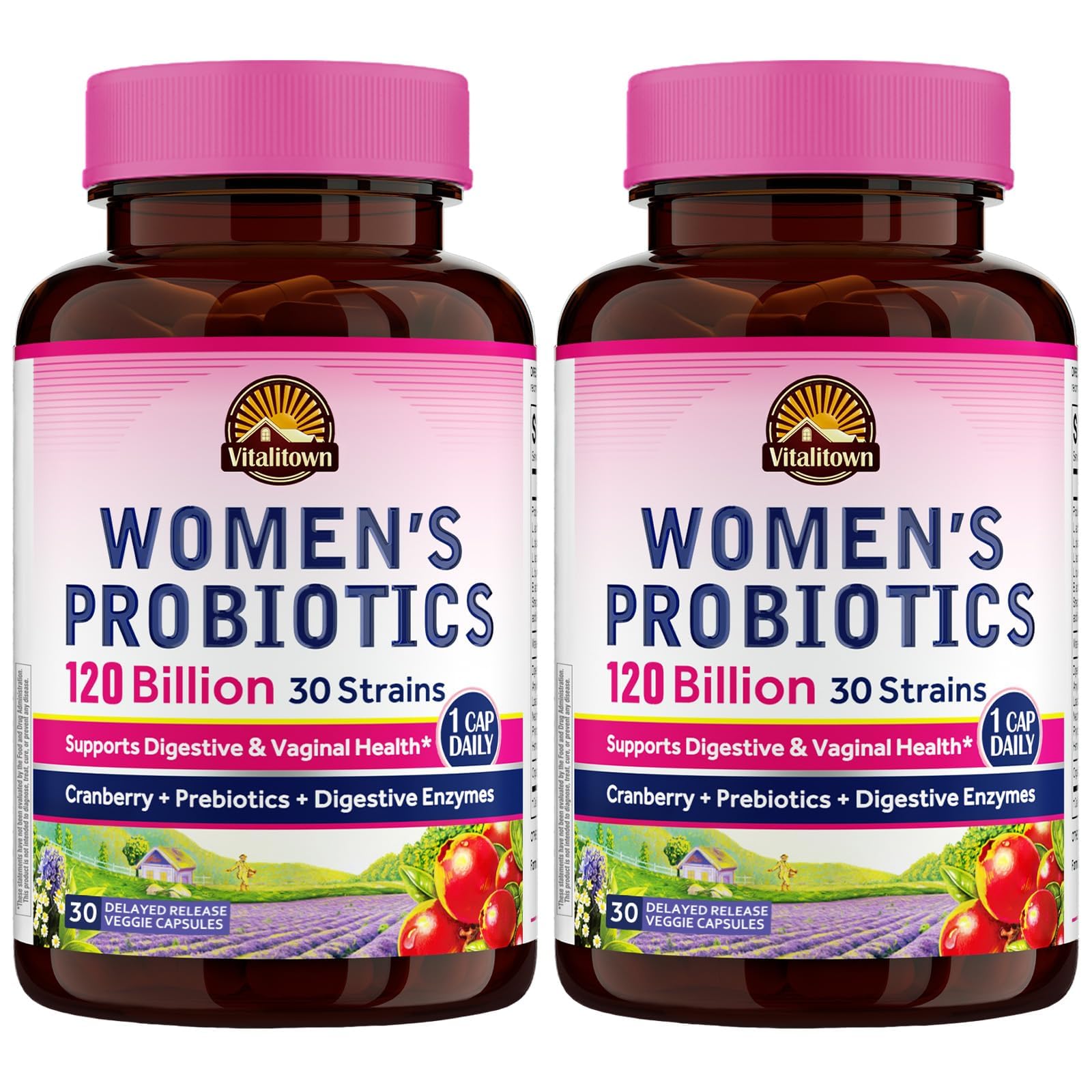 Vitalitown Probiotics for Women bottle pour supports daily gut balance.