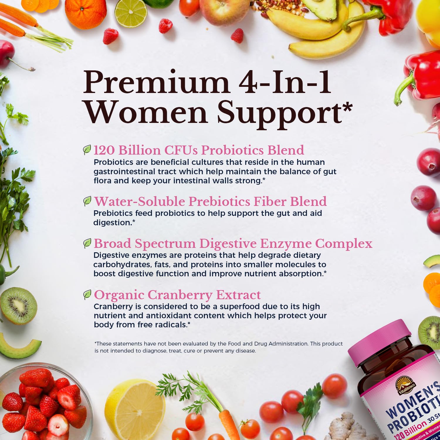 Vitalitown Probiotics for Women capsules in hand emphasizing convenient two-bottle pack.