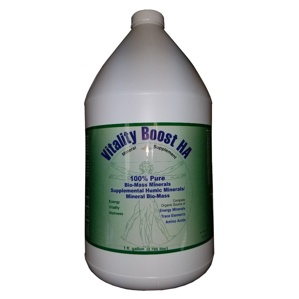 Vitality Boost HA bottle highlighting humic minerals for daily mineral support.