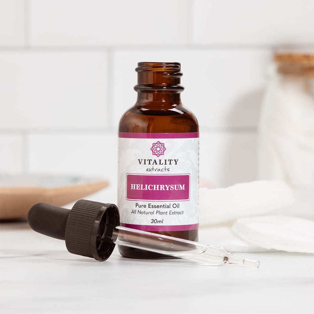 Vitality Helichrysum essential oil packaging emphasizes vegan cruelty-free status.