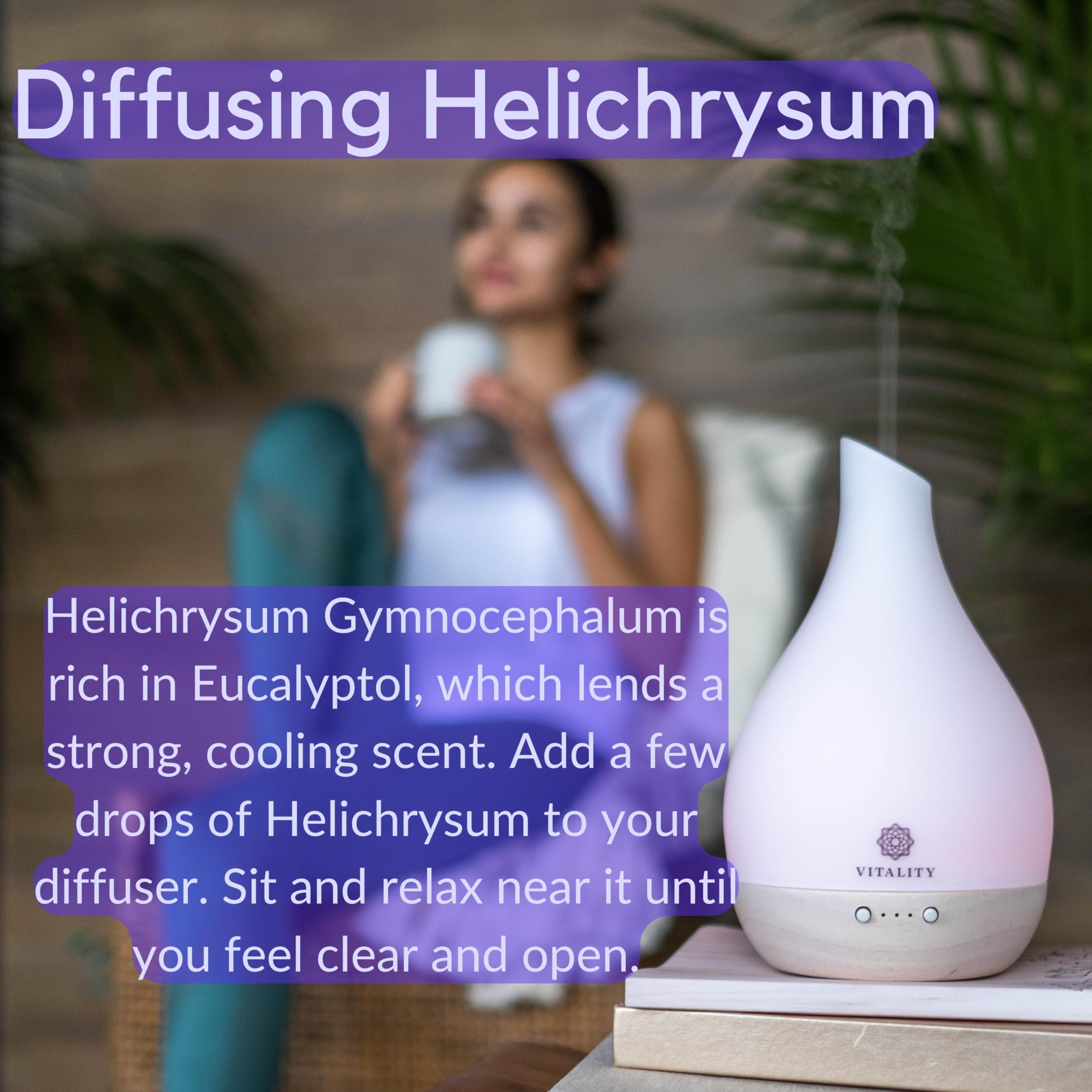 Vitality Helichrysum Essential Oil packaging highlights clean ingredients.