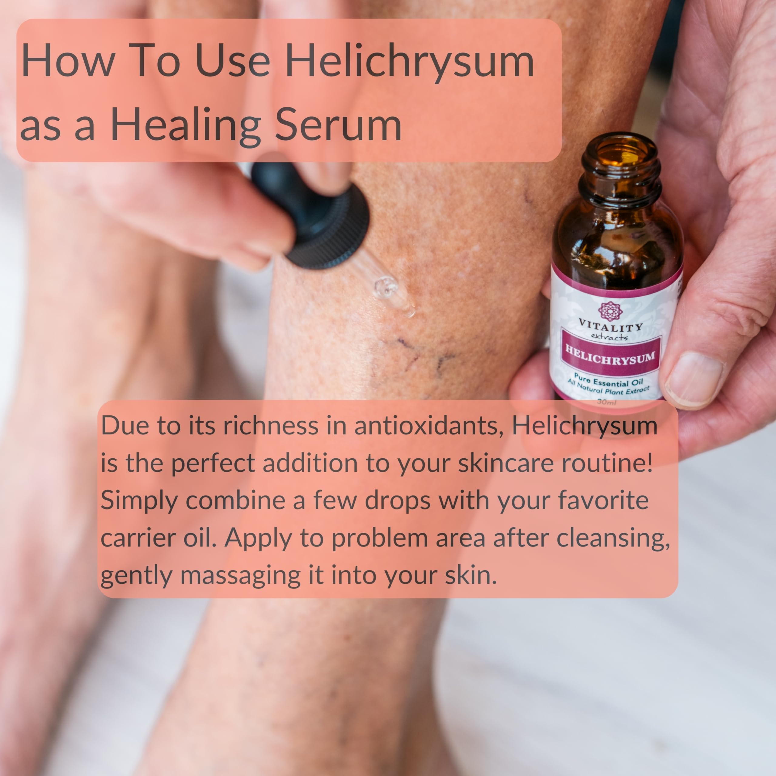 Vitality Helichrysum Essential Oil applied topically for gentle skin care.