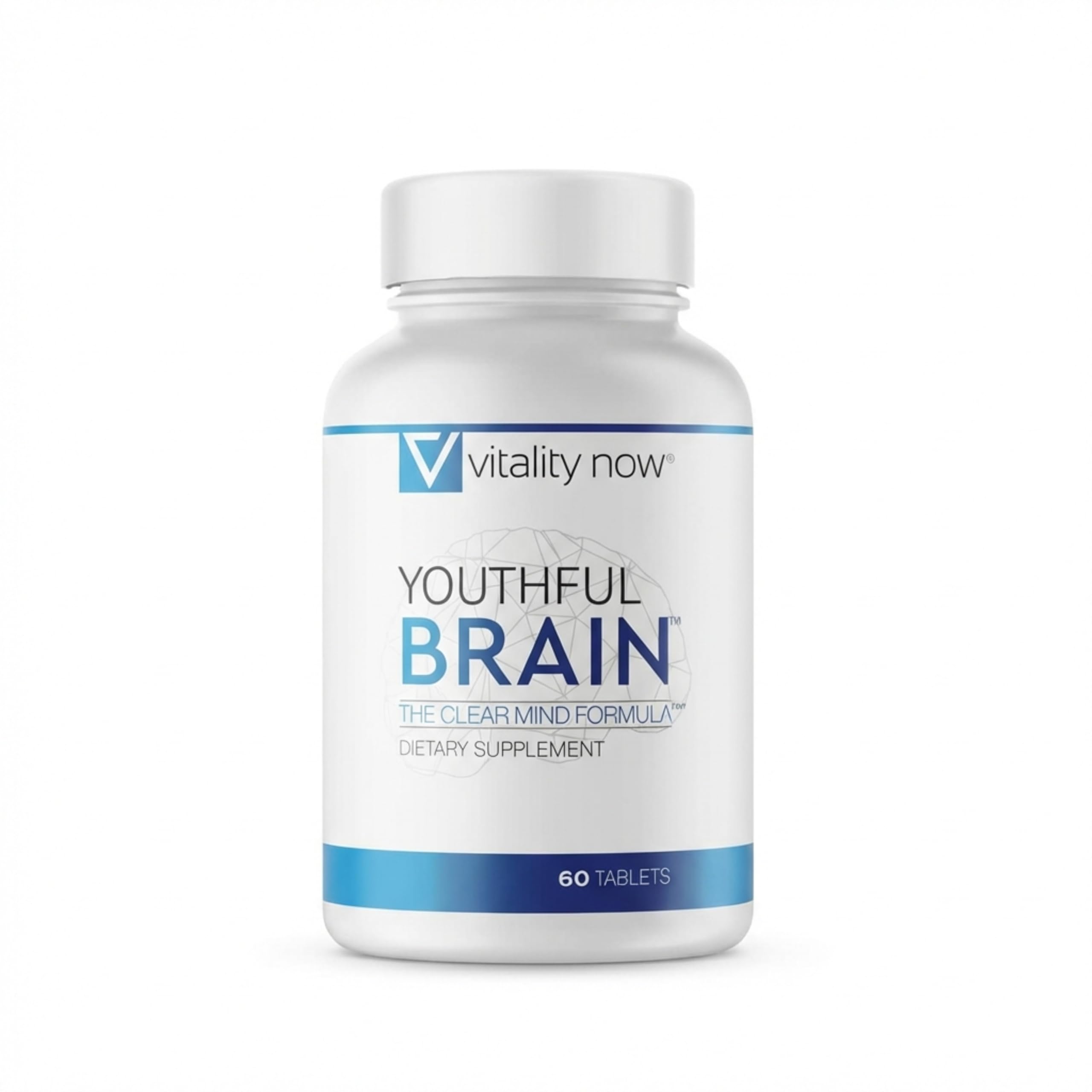 Vitality Now Youthful Brain bottle with easy-to-swallow tablets for daily cognitive support.