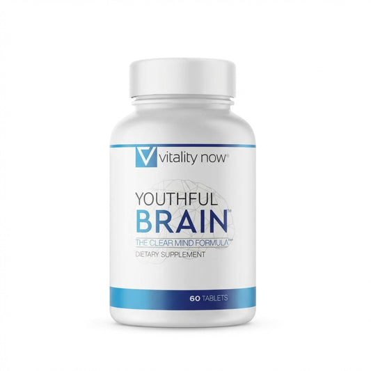 Vitality Now Youthful Brain bottle with easy-to-swallow tablets for daily cognitive support.
