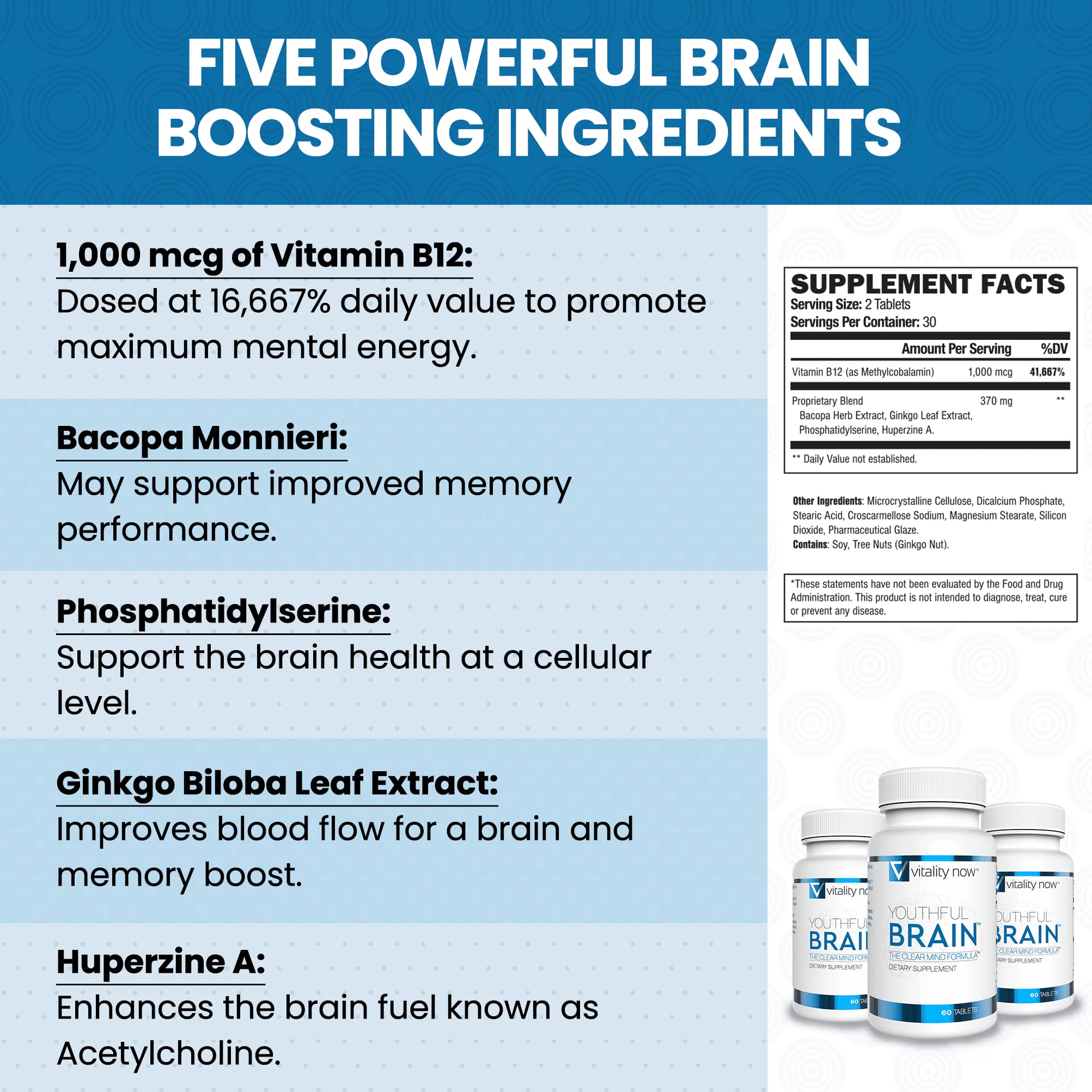 Vitality Now Youthful Brain nutrition facts label communicates dosage and quality