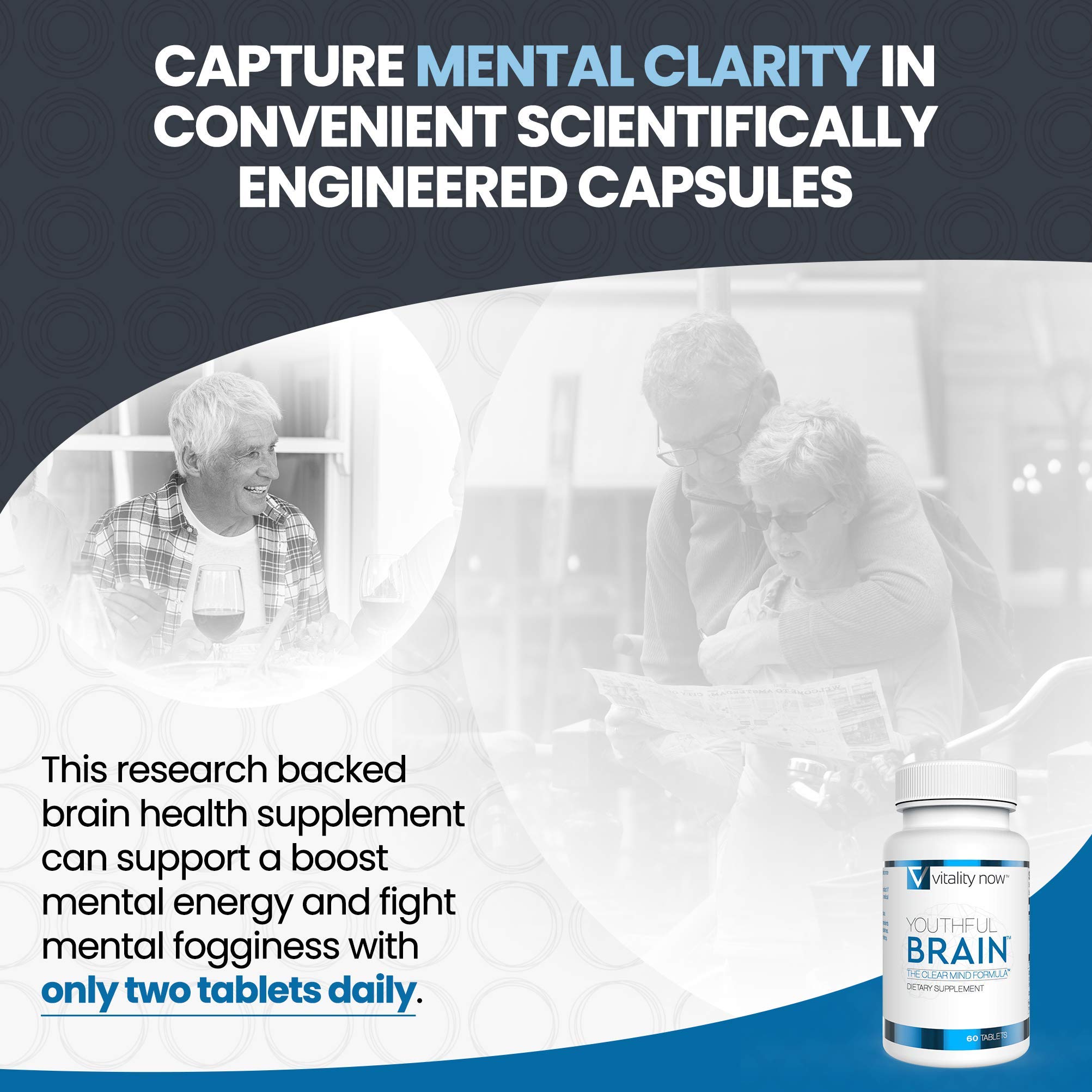 Vitality Now Youthful Brain tablets close-up highlights easy-to-swallow capsules