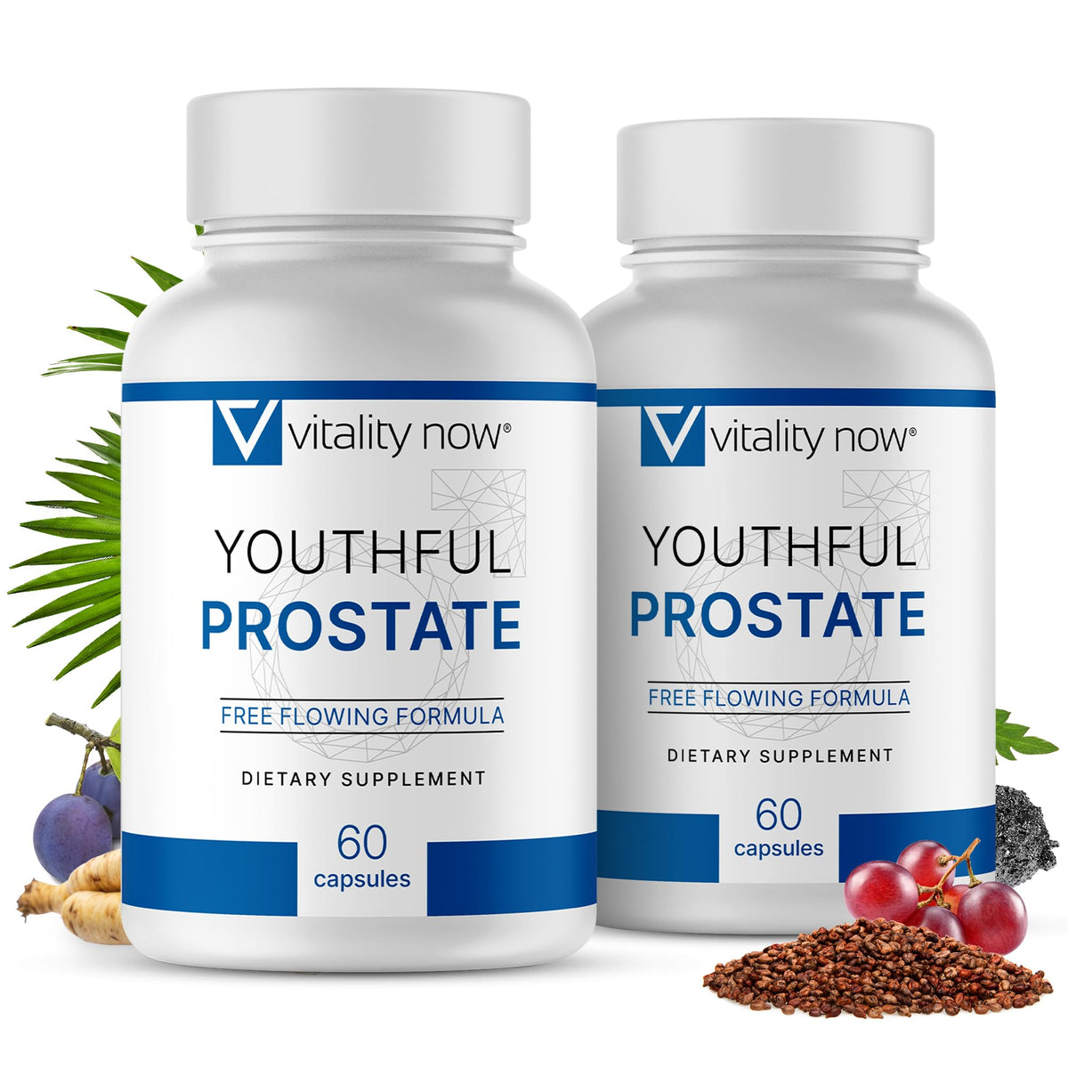 Vitality Now Youthful Prostate bottle featuring Saw Palmetto blend signals daily vitality.