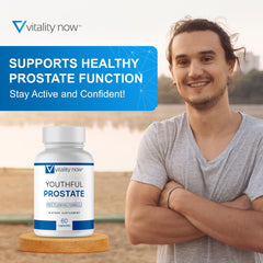 Vitality Now Youthful Prostate capsules shown for energy support and prostate wellness.