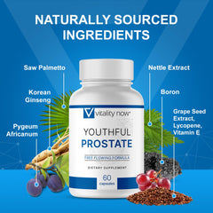Vitality Now Youthful Prostate container highlighting Saw Palmetto and prostate health support