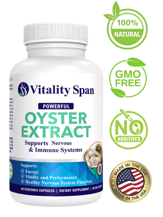 Vitality Span Oyster Extract bottle label highlighting 500 mg capsules for daily vitality.