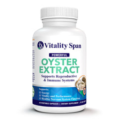 Vitality Span Oyster Extract capsule close-up showing pure oyster flesh for energy support.