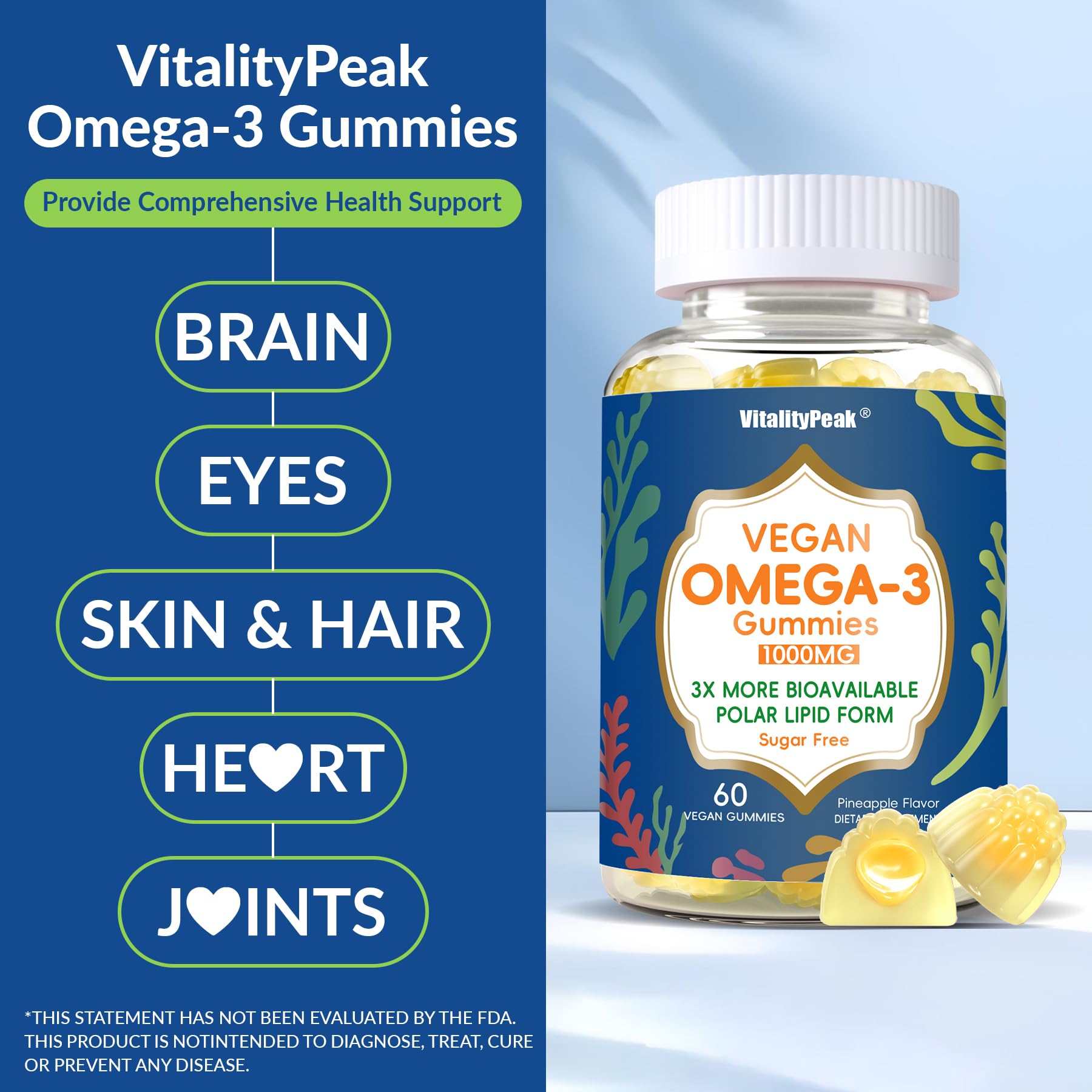 VitalityPeak algae-oil ingredients panel showing sustainable omega-3 source