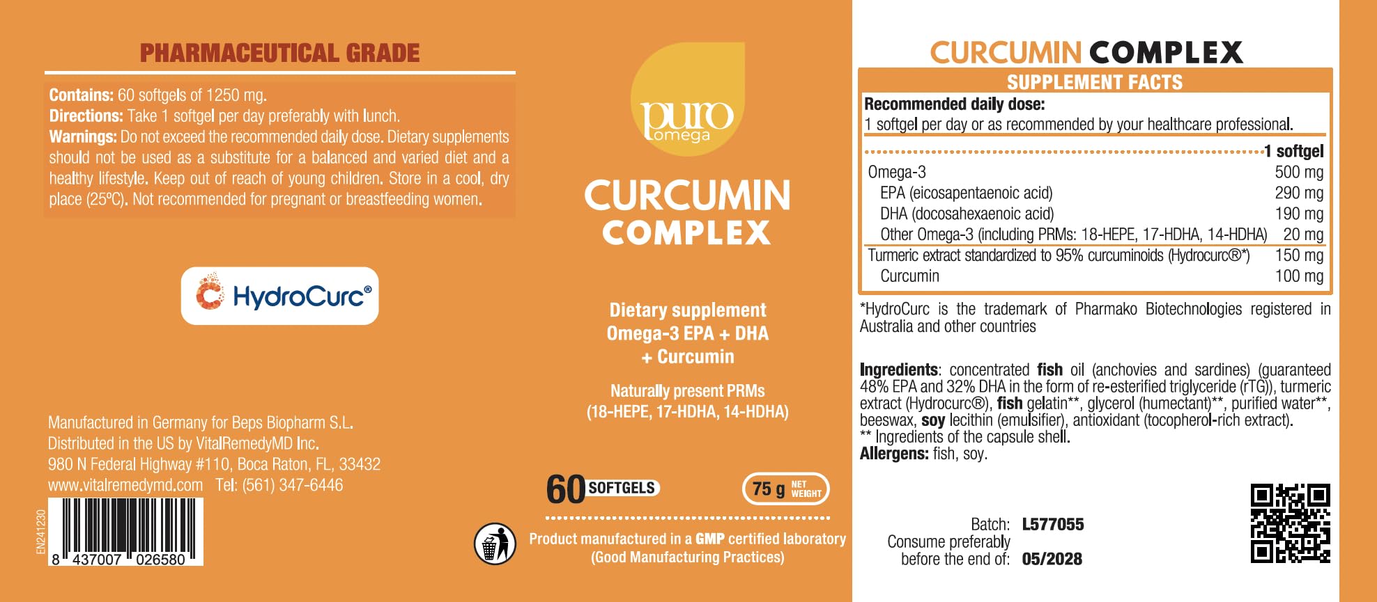VitalRemedyMD PuroOmega Curcumin capsules in hand for daily use.