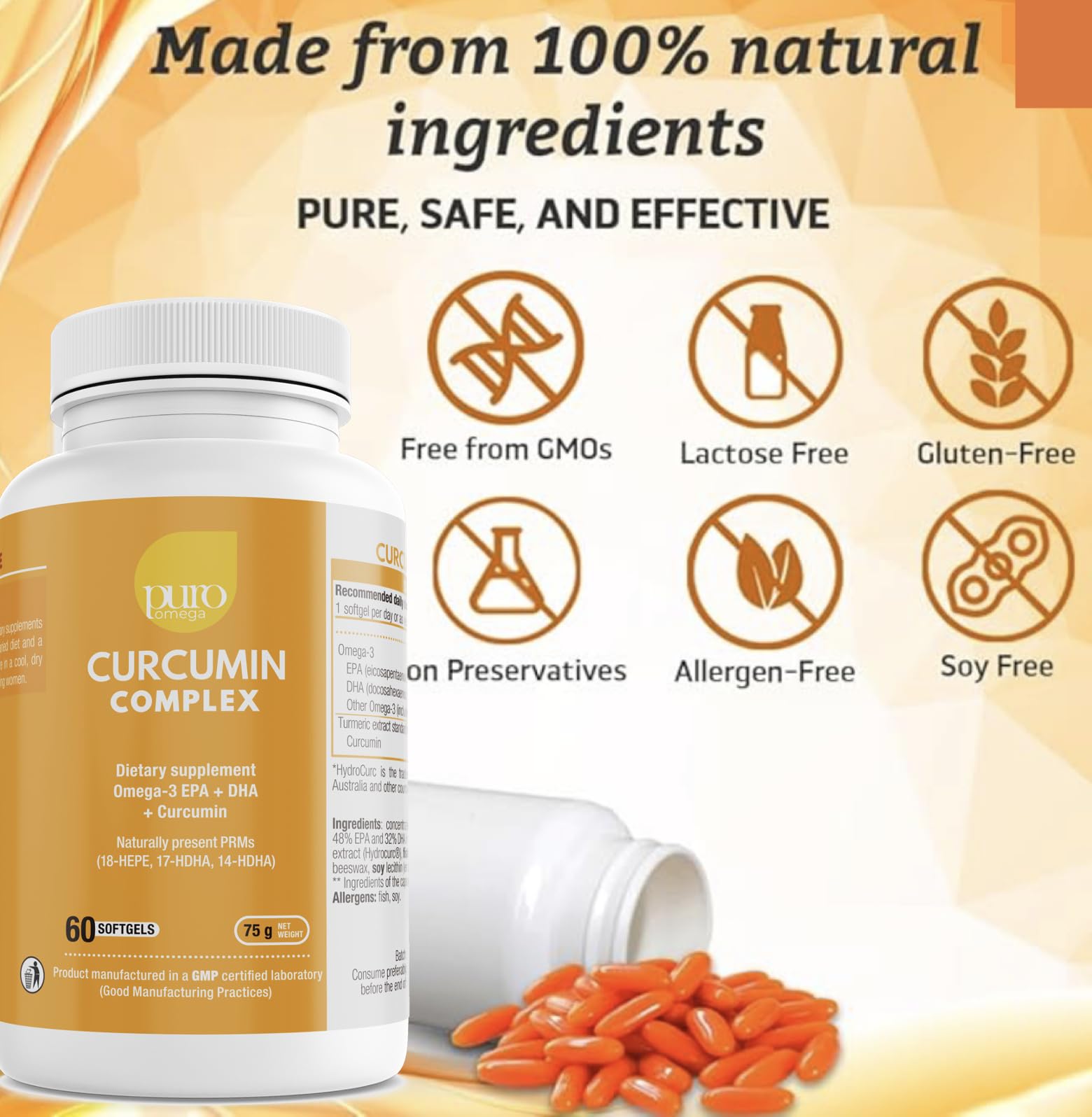 VitalRemedyMD PuroOmega Curcumin label close-up shows clean ingredients.