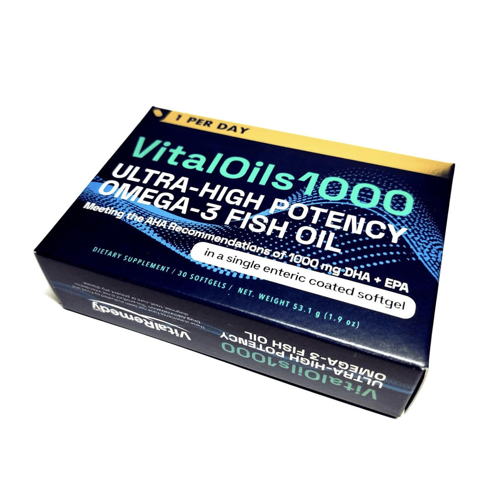 VitalRemedyMD VitalOils1000 omega-3 softgel with enteric coating for no fishy aftertaste.